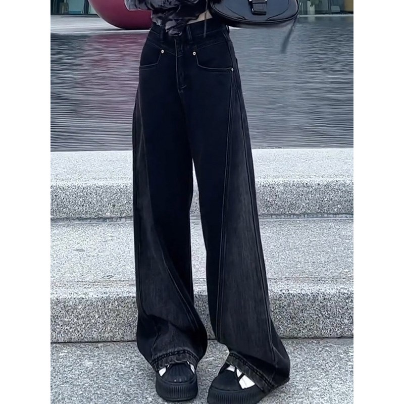 设计感黑色拼接大码宽松牛仔裤女直筒春秋梨型身材胖mm阔腿拖地裤
