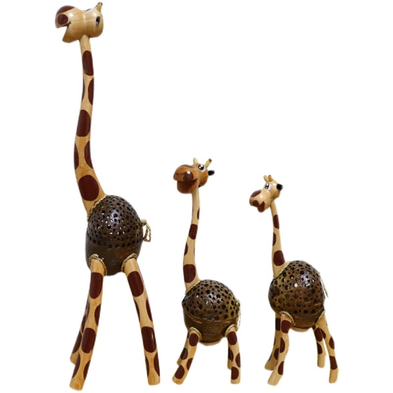 泰国实木椰壳卧室台灯氛围灯儿童床头小夜灯卡通长颈鹿客厅落地灯