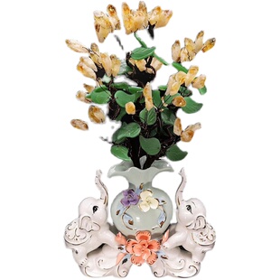 天然黄水晶招财树陶瓷大象客厅玄关酒柜摇钱树办公室居家送礼摆件