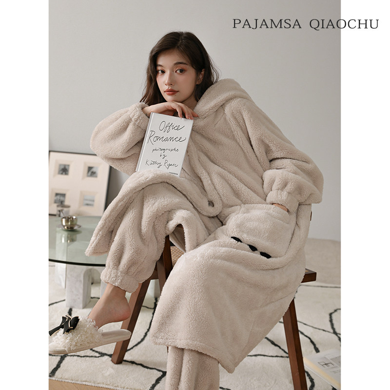 睡衣女秋冬季珊瑚绒睡袍长款卡通可爱网红可外穿家居服连帽两件套