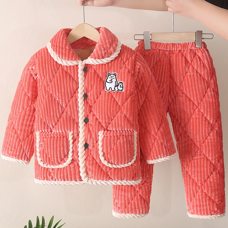 儿童睡衣加厚加绒冬季法兰绒家居服套装男童小女孩三层夹棉珊瑚绒