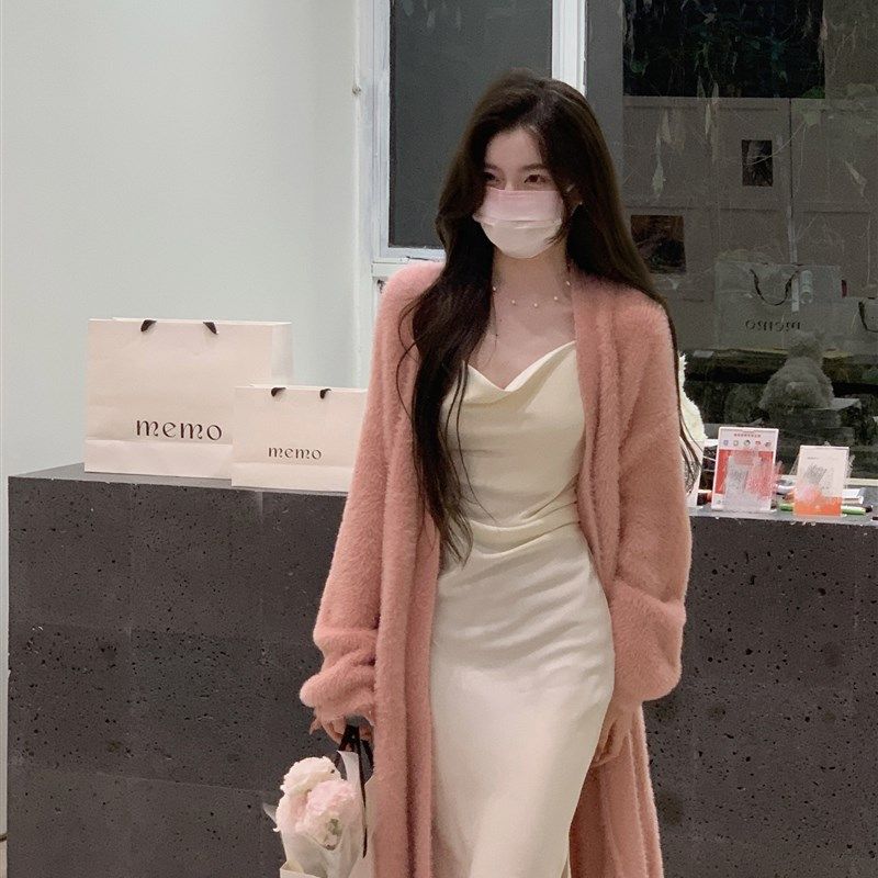 YIYI WANG 奶白/桃粉 长款针织开衫外套女秋毛茸茸宽松仿貂毛上衣,女装/女士精品,毛针织衫,淘宝优惠券,粉丝福利购,淘宝优惠卷