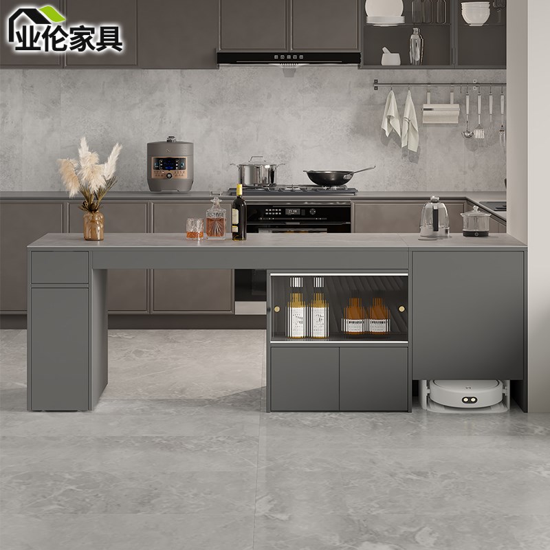 轻奢岩板岛台餐桌长方形一体家用小户型料理台吧台餐边柜3E57