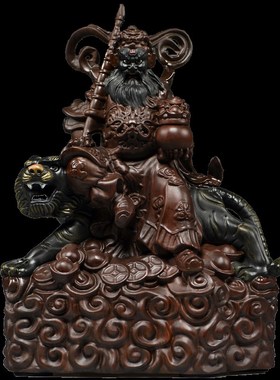 彩绘实木雕刻武财神骑虎赵公明神像摆件家居客厅店铺装饰工艺礼品