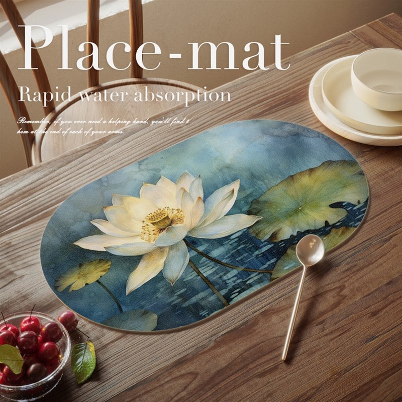 水彩荷花餐桌垫高级感轻奢隔热垫防烫西餐垫防水防油皮革餐垫北欧
