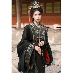 仙侠古风舞蹈演出服套装 战国袍汉服女2024年秋季 古装 黑色广袖 新款