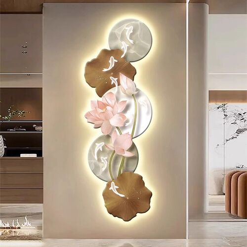 荷花九鱼图新中式入户玄关LED装饰画客厅灯光画尽头走廊壁灯挂画