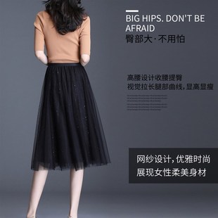 网纱半身裙冬大码百褶遮胯纱裙胖mm女士中裙小个子松紧腰蕾丝短裙