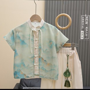 儿童装男童夏季汉服套装2024款12古风夏装15岁唐装男孩中国风服装
