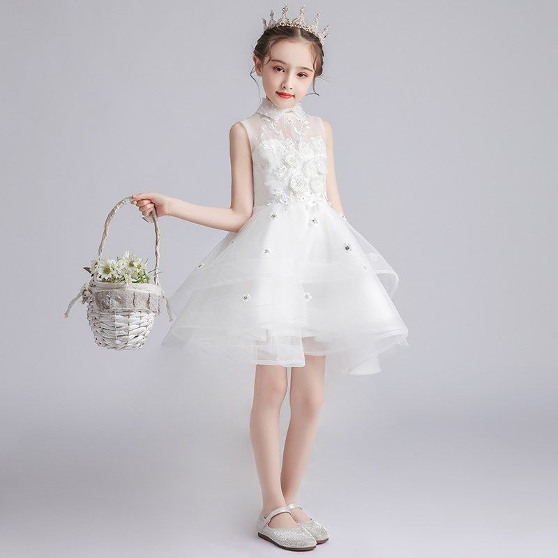 女童公主裙钢琴演出服走秀儿童白色拖尾礼服花童婚纱主持人夏季女