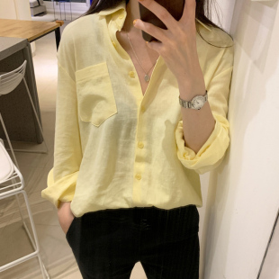 春秋新款衬衫女浅淡黄显瘦洋气柠檬黄长袖女衬衣上衣鹅黄色打底衫