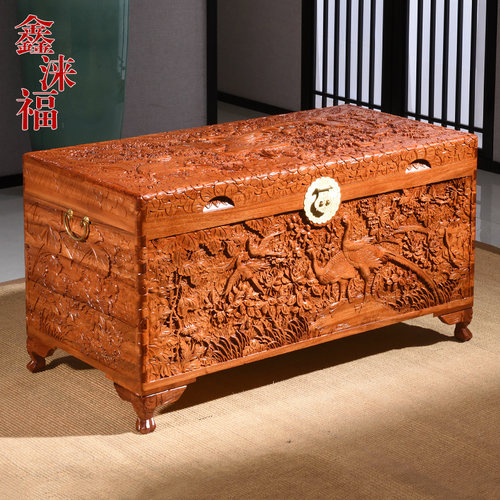 樟木箱满雕百鸟朝凤香樟木箱子婚嫁箱字画收纳箱防虫防蛀实木衣箱