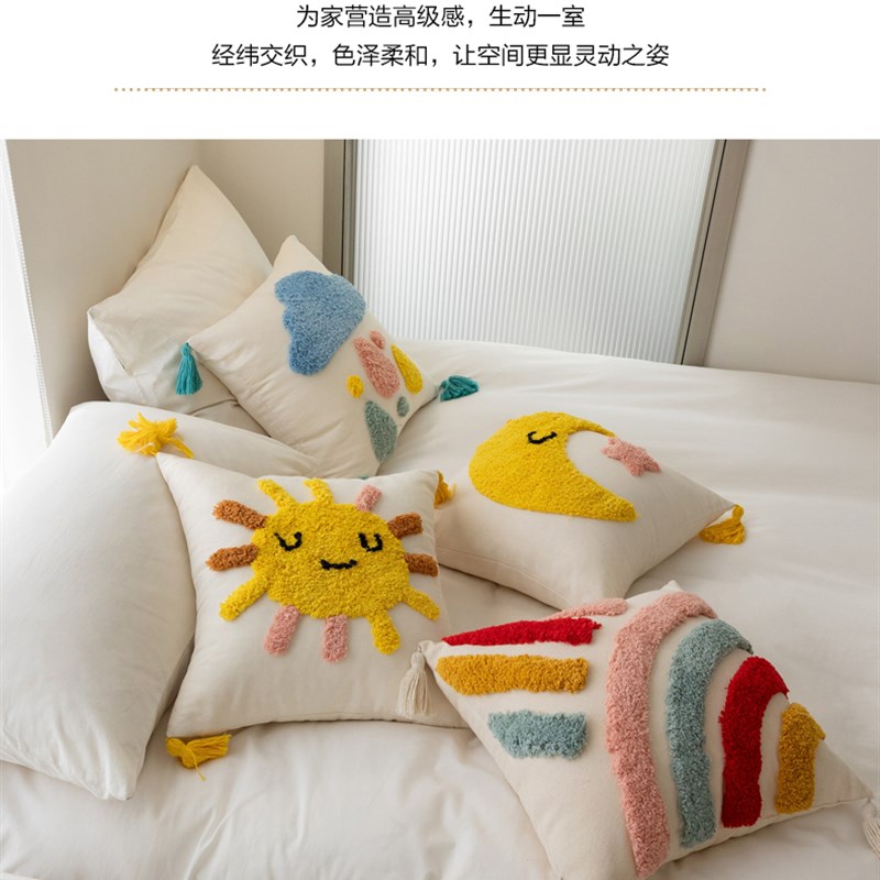 卡通网红全棉帆布正方形簇绒绣抱枕沙发床头飘窗办公室不含芯靠垫