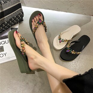 2025夏新款女人字拖绚丽带钻百搭休闲沙滩M度假风防滑中跟舒适凉