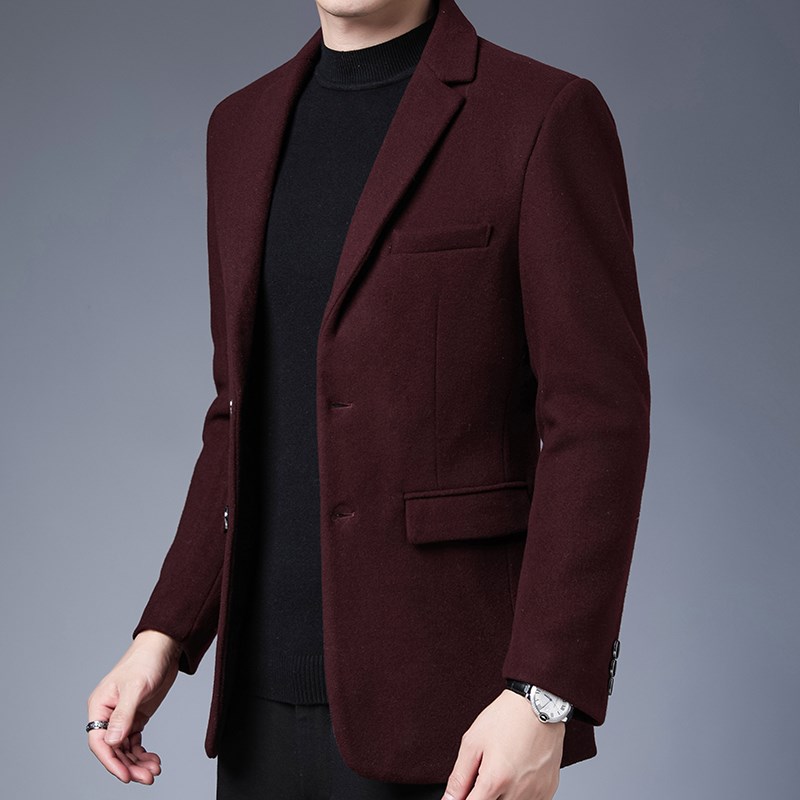 休闲西装男士冬季保暖红色西服中年爸爸婚宴装羊毛呢子婚礼服外套