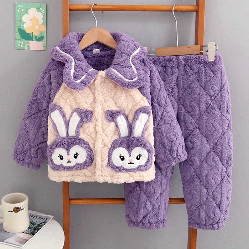 冬季儿童睡衣法兰绒三层加厚夹棉小中大女童珊瑚绒保暖家居服套装