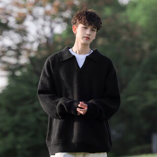 @二更 黑色V领毛衣男秋冬季2024新款套头内搭宽松保暖加厚针织衫