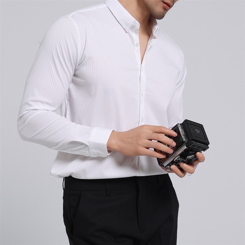 长袖衬衫男款高务职业男士高级感暗条纹修身显瘦寸衫2025新款衬衣