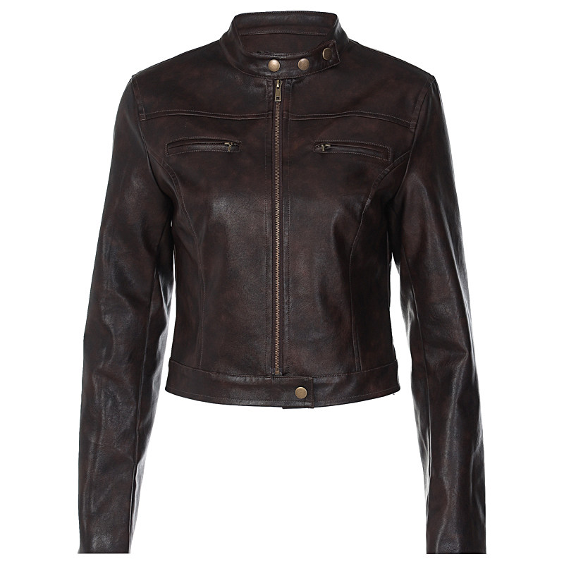 美式做旧复古拉链开衫皮衣短外套2023年春季百搭修身街头立领夹克