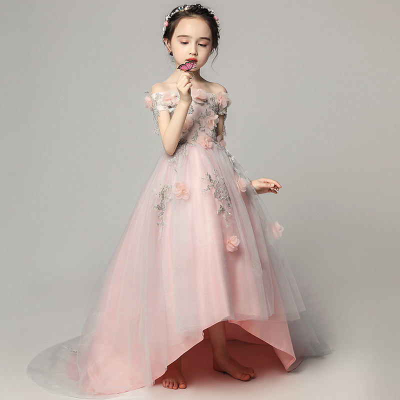 女童晚礼服公主裙儿童拖尾婚纱花童蓬蓬裙粉色主持人钢琴演出服秋