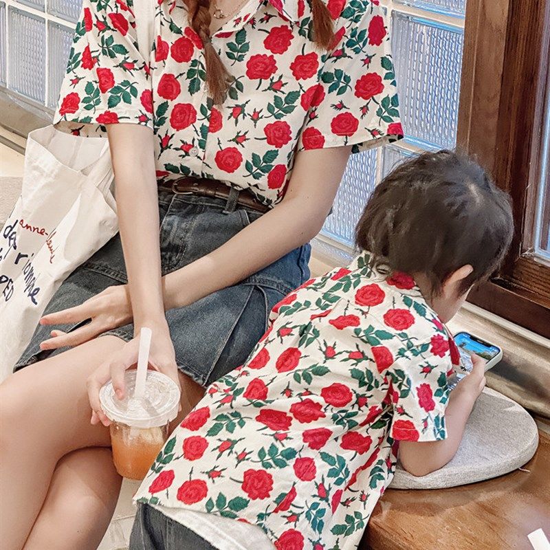 玫瑰花港风复古亲子装海边度假风夏装衬衫一家三口母子母女全家装