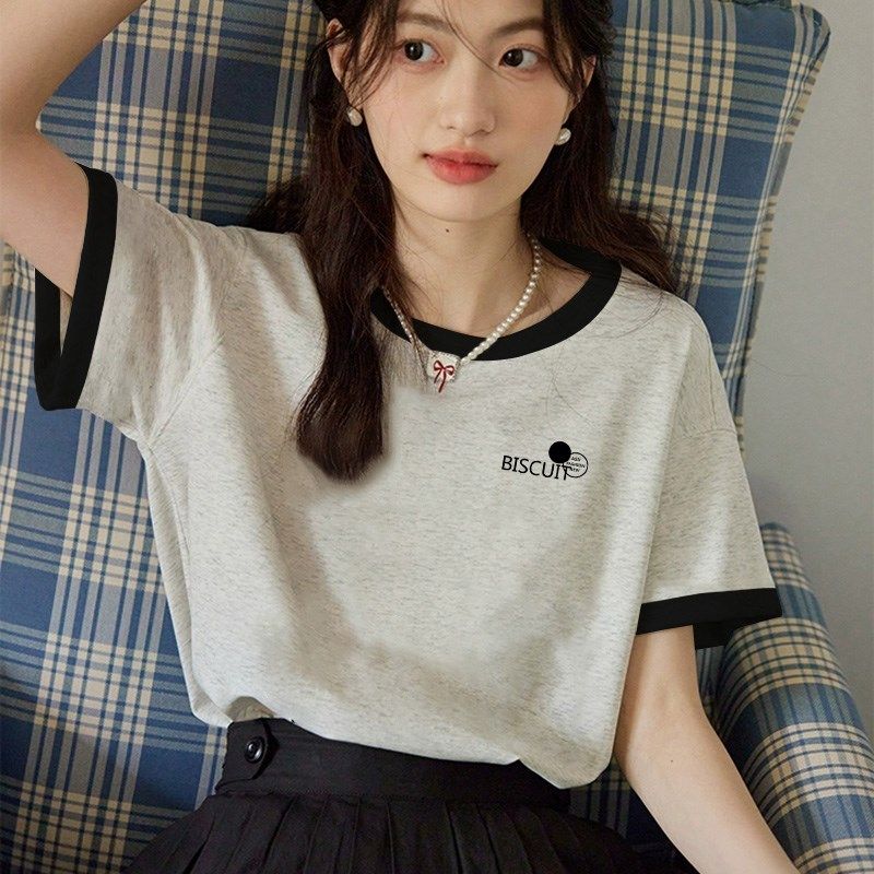 米灰色纯棉短袖t恤女2024夏季新款宽松内搭舒适小衫拼接撞色上衣
