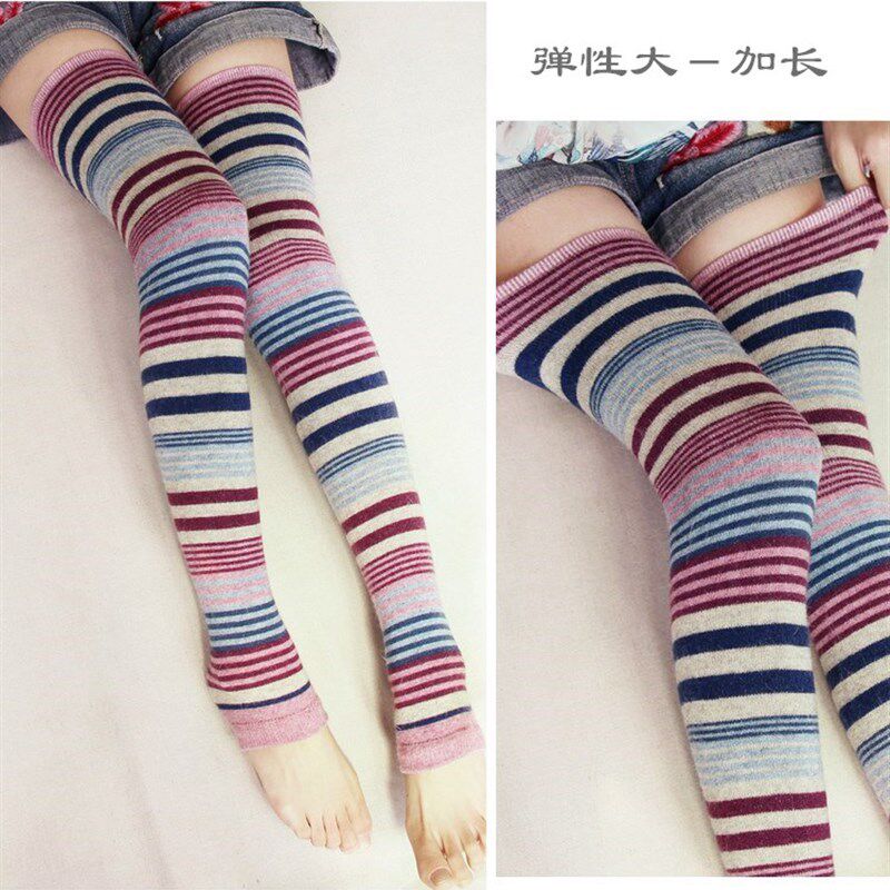 秋冬季条纹羊毛过膝袜女长筒袜护膝护腿中厚堆堆袜保暖袜套长袜子