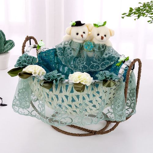 布艺摇篮收纳筐可爱情侣熊收纳篮遥控器水果筐果盘铁艺蕾丝收纳篮
