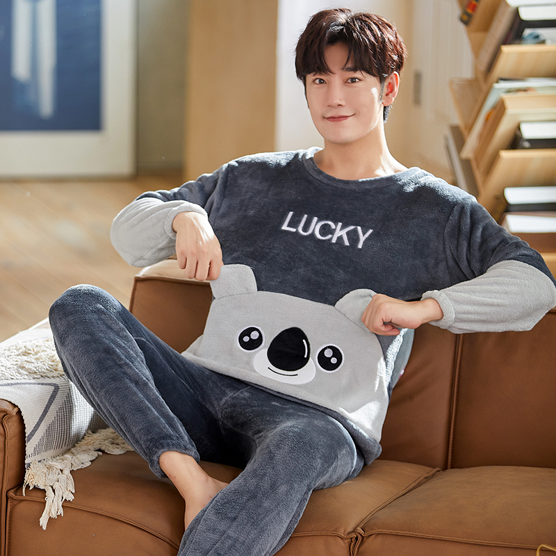 珊瑚绒睡衣男士冬季加厚款卡通秋冬男款法兰绒可外穿家居服两件套