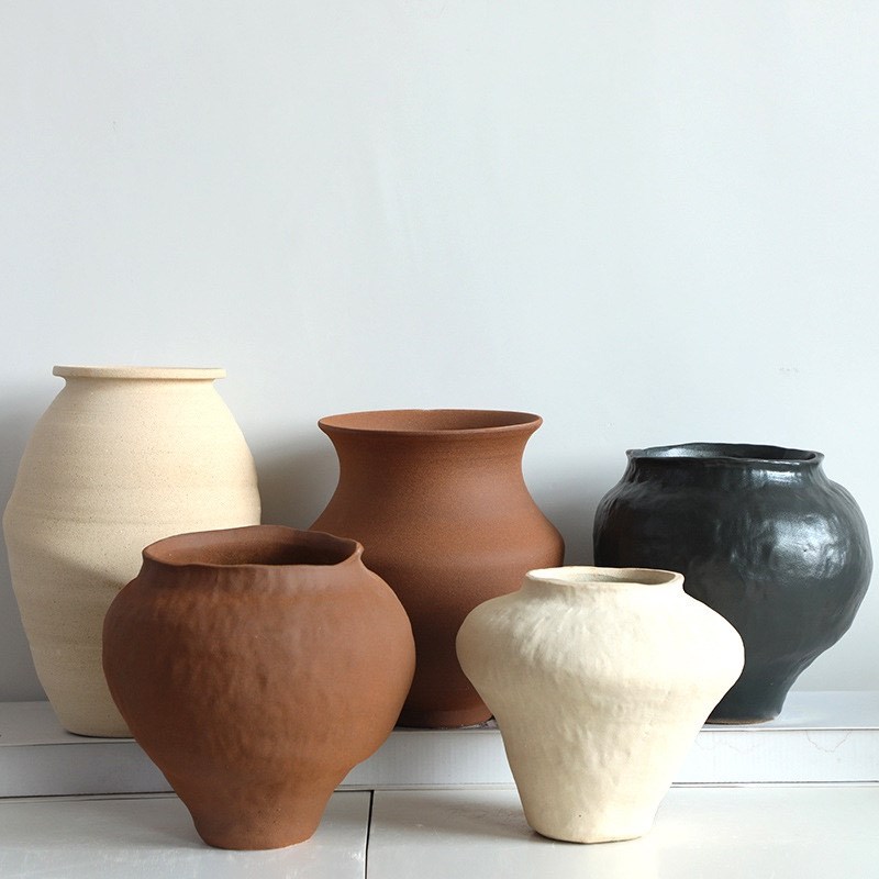 北欧侘寂风粗陶花瓶景德镇复古陶罐怀旧陶艺酒店民宿插花花瓶摆件