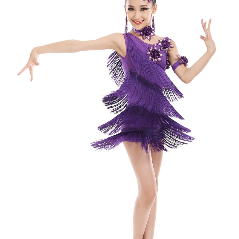 儿童拉丁舞演出服少儿女童拉丁舞表演比赛演出服装新款亮片流苏裙