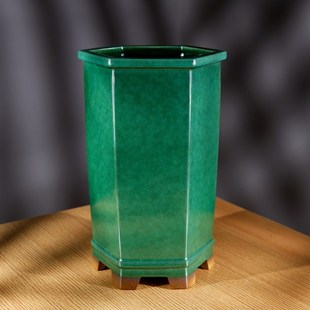 新款 特大号高档精品名家秦夕洪高六方均绿釉面紫砂盆景签筒兰花盆