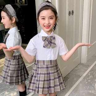 女童圆领衬衣夏中大童学院风百褶裙短袖 两件套校服班服学生白衬衣