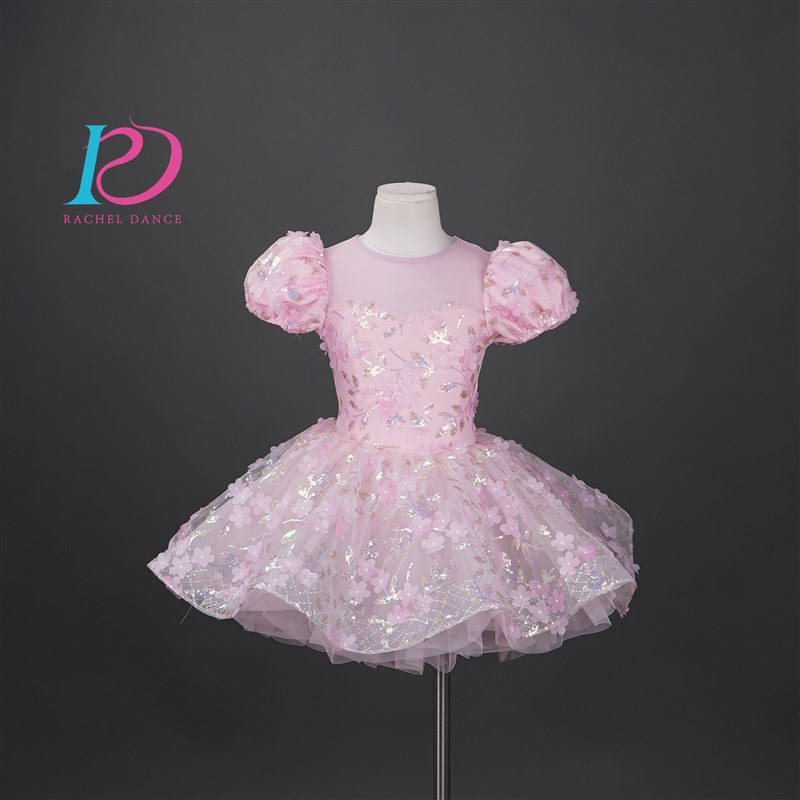 芮其儿新款女童主持人演出服粉色花童蓬蓬纱公主裙文艺表演舞蹈裙
