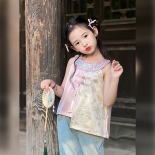 女童汉服2024夏季新款旗袍儿童新中式挂脖无袖中国风上衣盘扣唐装
