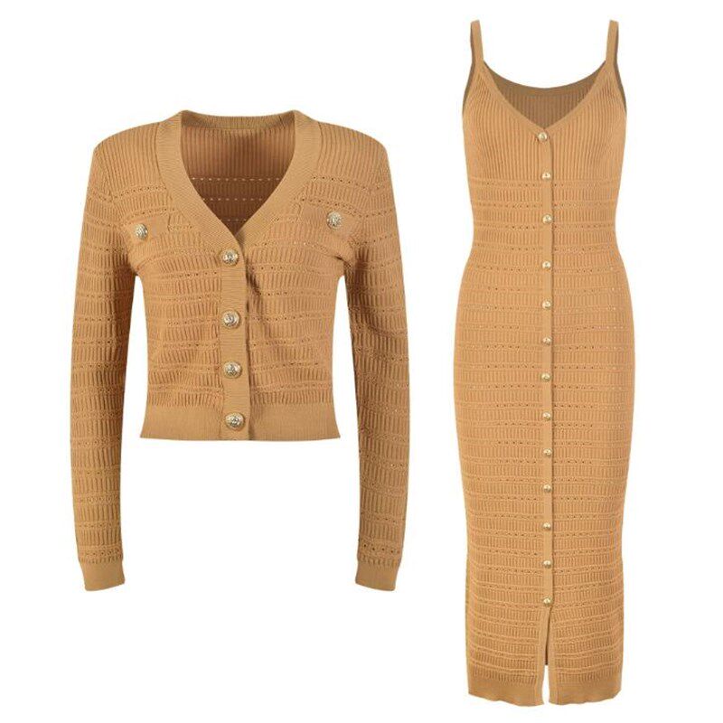 法式气质金扣休闲针织开衫短外套修身包臀吊带连衣裙两件套装修身