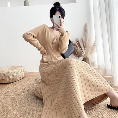 针织连衣裙女2023新款秋冬收腰长袖打底中长款毛衣裙过膝紫色长裙