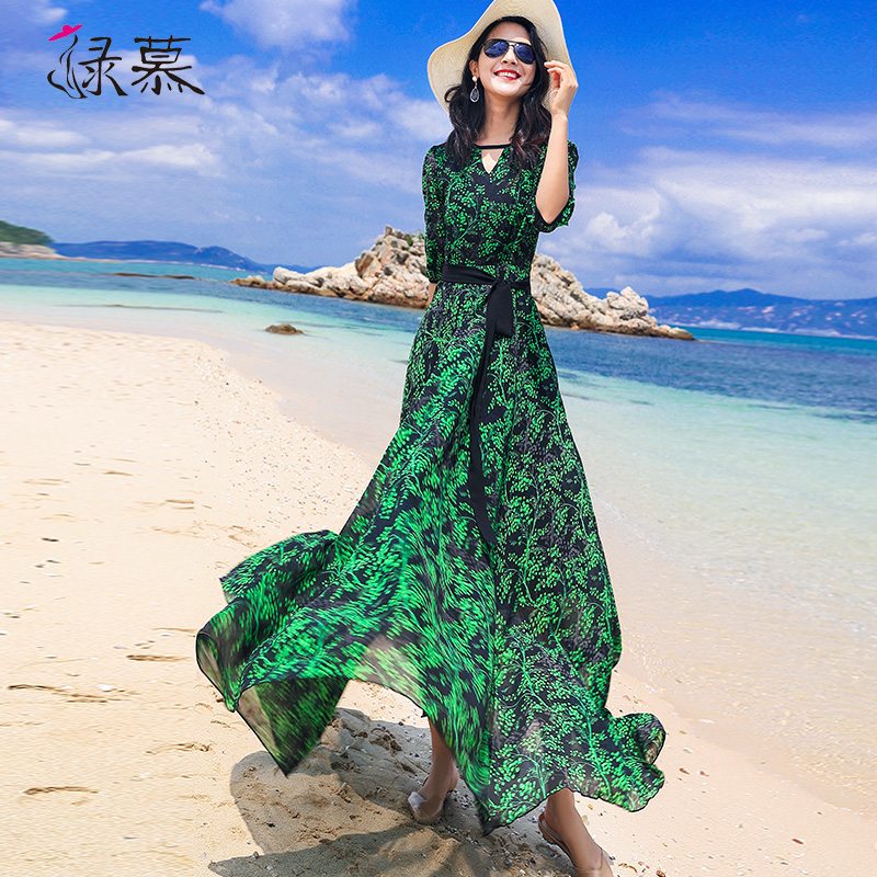 绿慕2022连衣裙女人味碎花收腰长款夏雪纺沙滩裙大摆超长裙到脚踝
