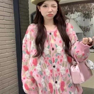 甜美风立体粉色花朵圆领长袖毛衣外套女2024春季洋气百搭针织开衫