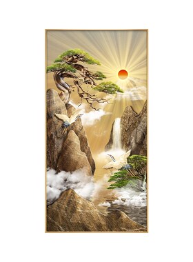 日出东方玄关装饰新中式仙鹤大气山水挂流水生财走廊过道壁