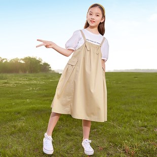 女童背带裙套装夏装2025新款中大童洋气时髦纯棉宽松休闲两件套潮