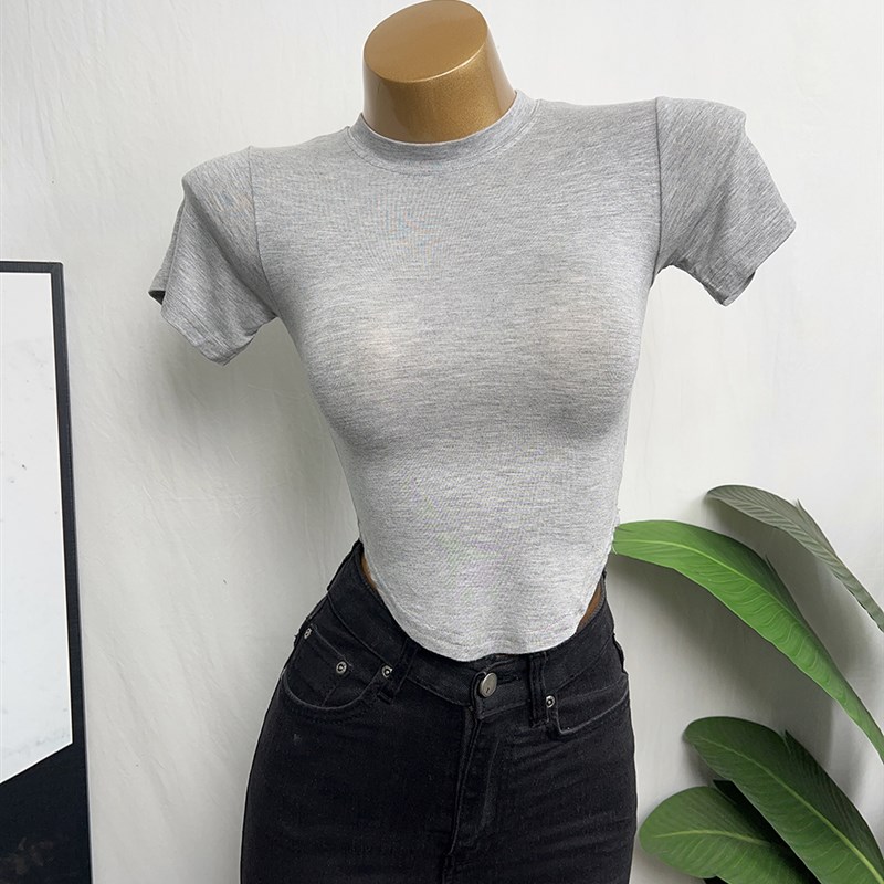 冷淡风-巨好看性感显身材圆领弧形下摆修身短款内搭短袖T恤上衣女