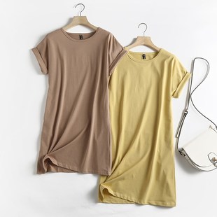 直筒宽松中长款 圆领连肩短袖 T恤裙女连衣裙 很有腔调 日单缘