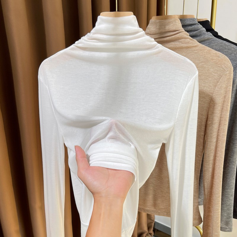 灰色薄款针织堆堆高领打底衫2024新款女高级感叠穿内搭长袖上衣女