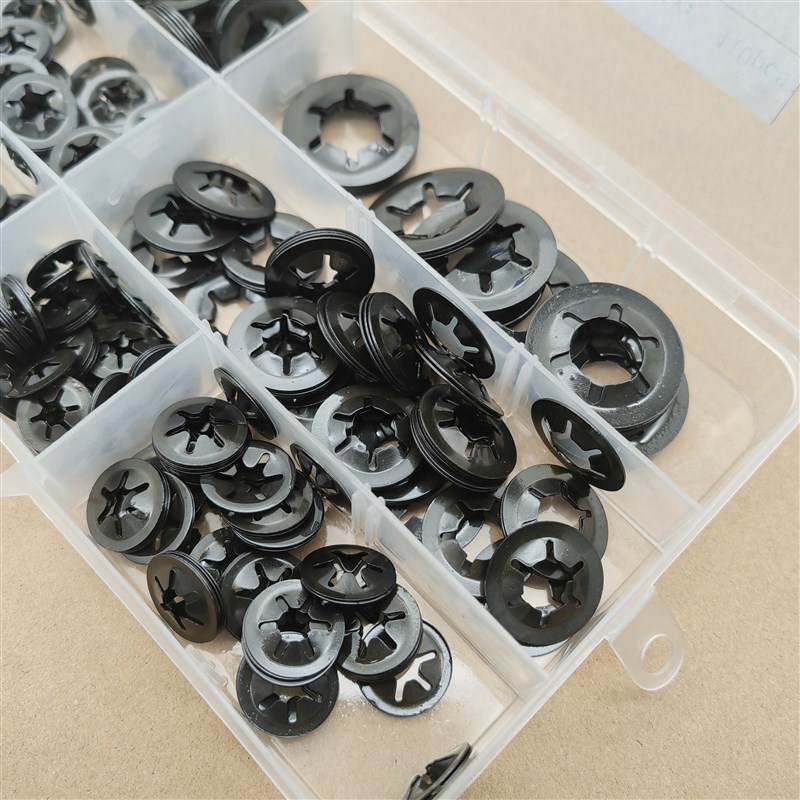 410pcs/盒 M3-M12 弹簧65锰钢梅花卡圈轴承夹挡圈花型垫圈 平卡夹