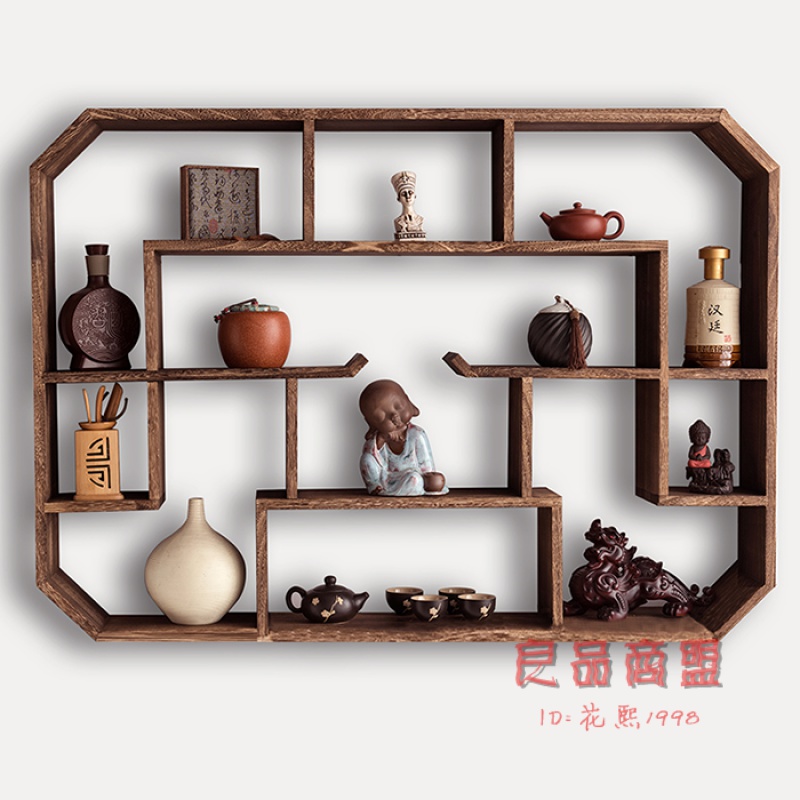 博古架实木壁挂式多宝阁挂墙中式墙上置物架茶具架古董架仿鸡翅