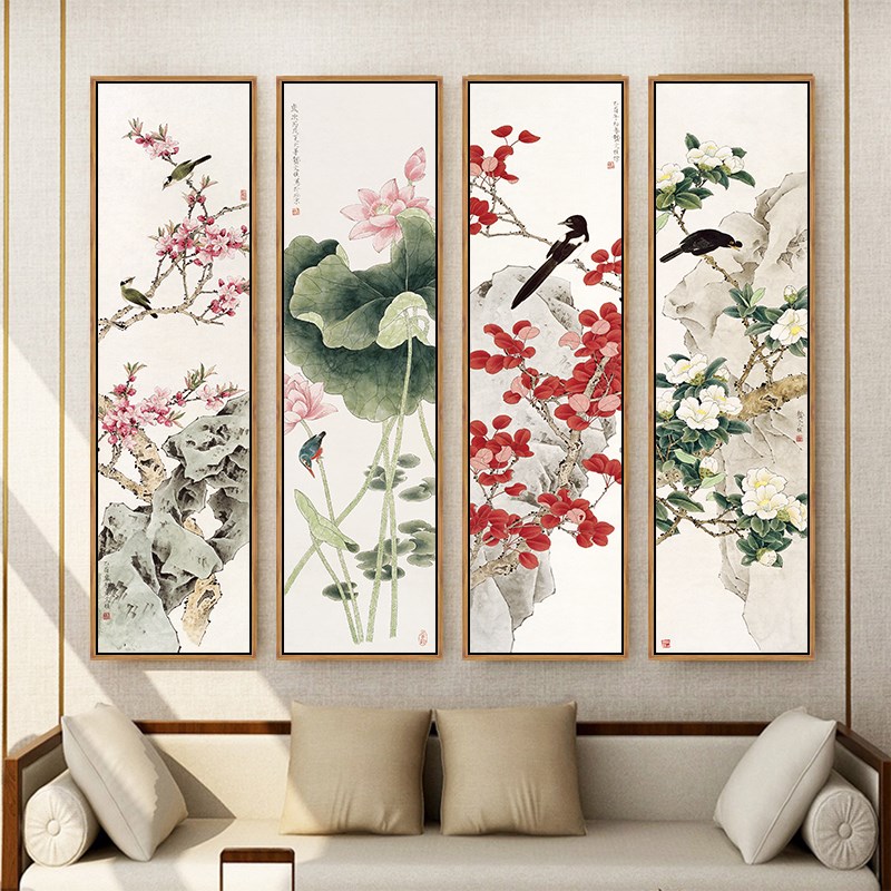 花鸟挂画荷花梅花国画禅意画四条屏客厅装饰画饭店包间壁画窄长竖图片
