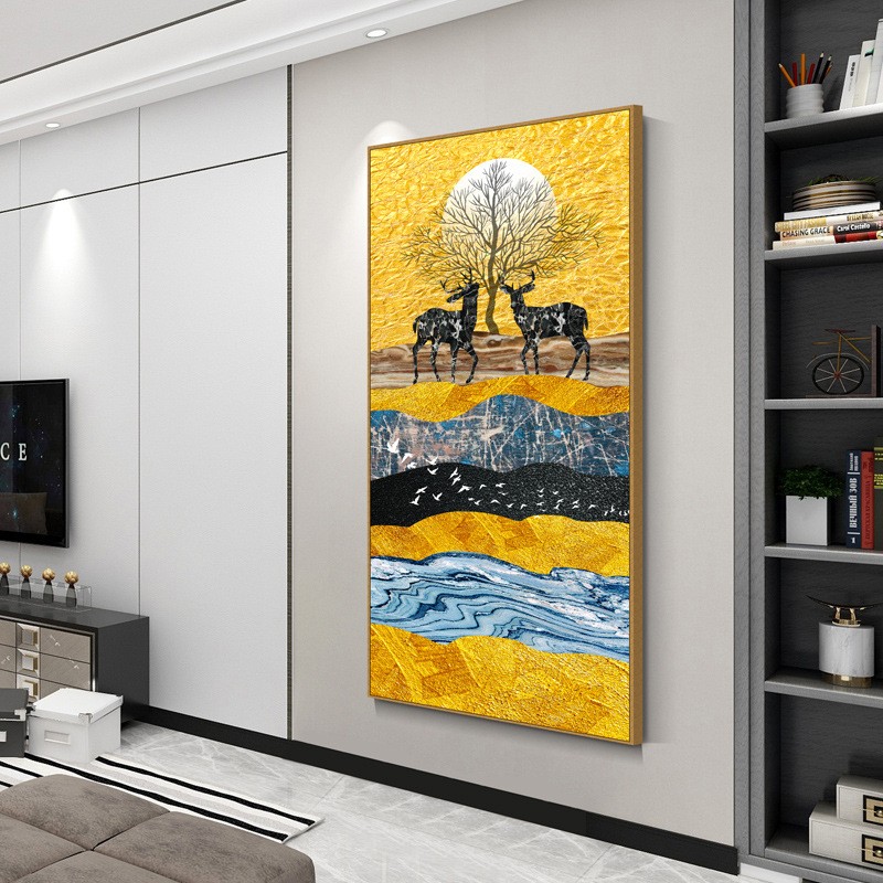 玄关客厅装饰画北欧金色麋鹿晶瓷画沙发背景墙挂画入户过道墙画图片