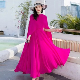 雪纺连衣裙女夏季新款大码波西米亚防晒披纱两件套气质大摆长裙子