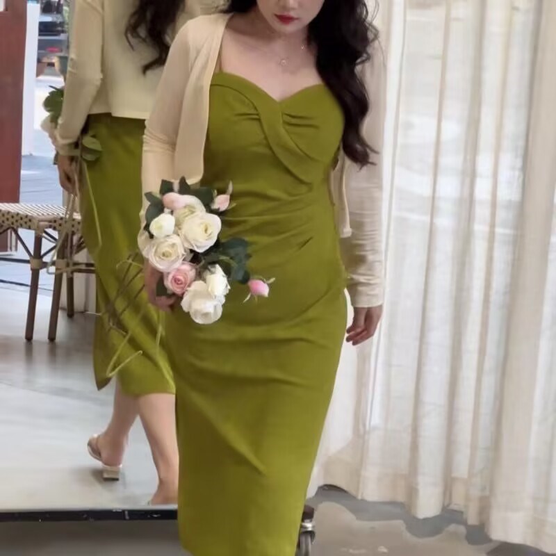 法式无袖吊带连衣裙女夏季2023收腰显瘦包臀裙长袖开衫两件套大码